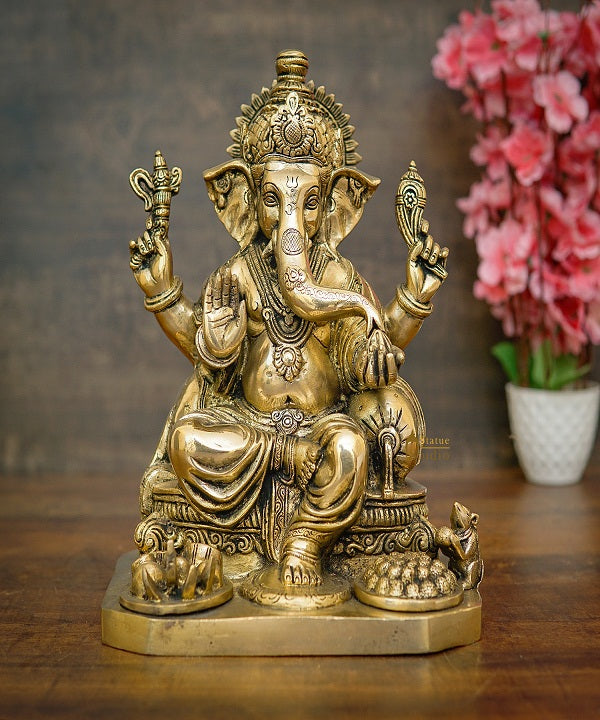 Brass Ganesha Statue Sitting Idol Home Office Diwali Room Décor Showpiece 12.5" - Image 2