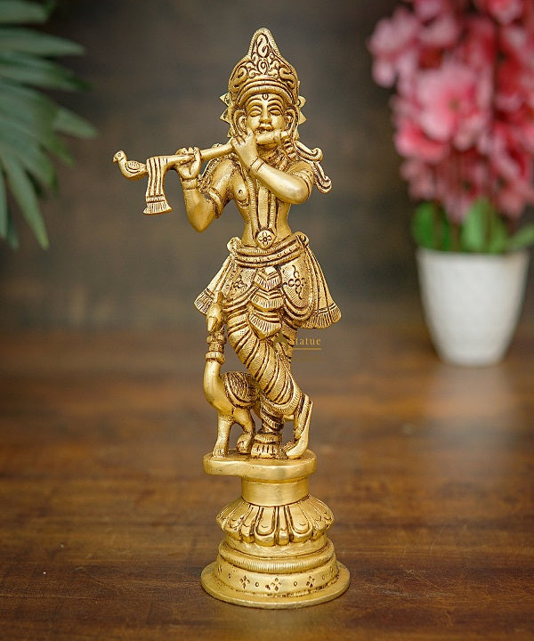 Brass Fine Krishna Idol Standing Home Office Décor Gift Statue 9" - Image 2