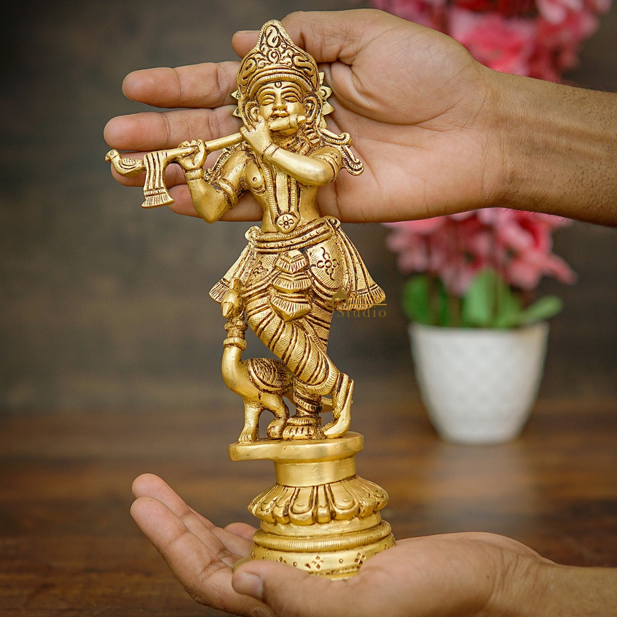 Brass Fine Krishna Idol Standing Home Office Décor Gift Statue 9" - Image 3