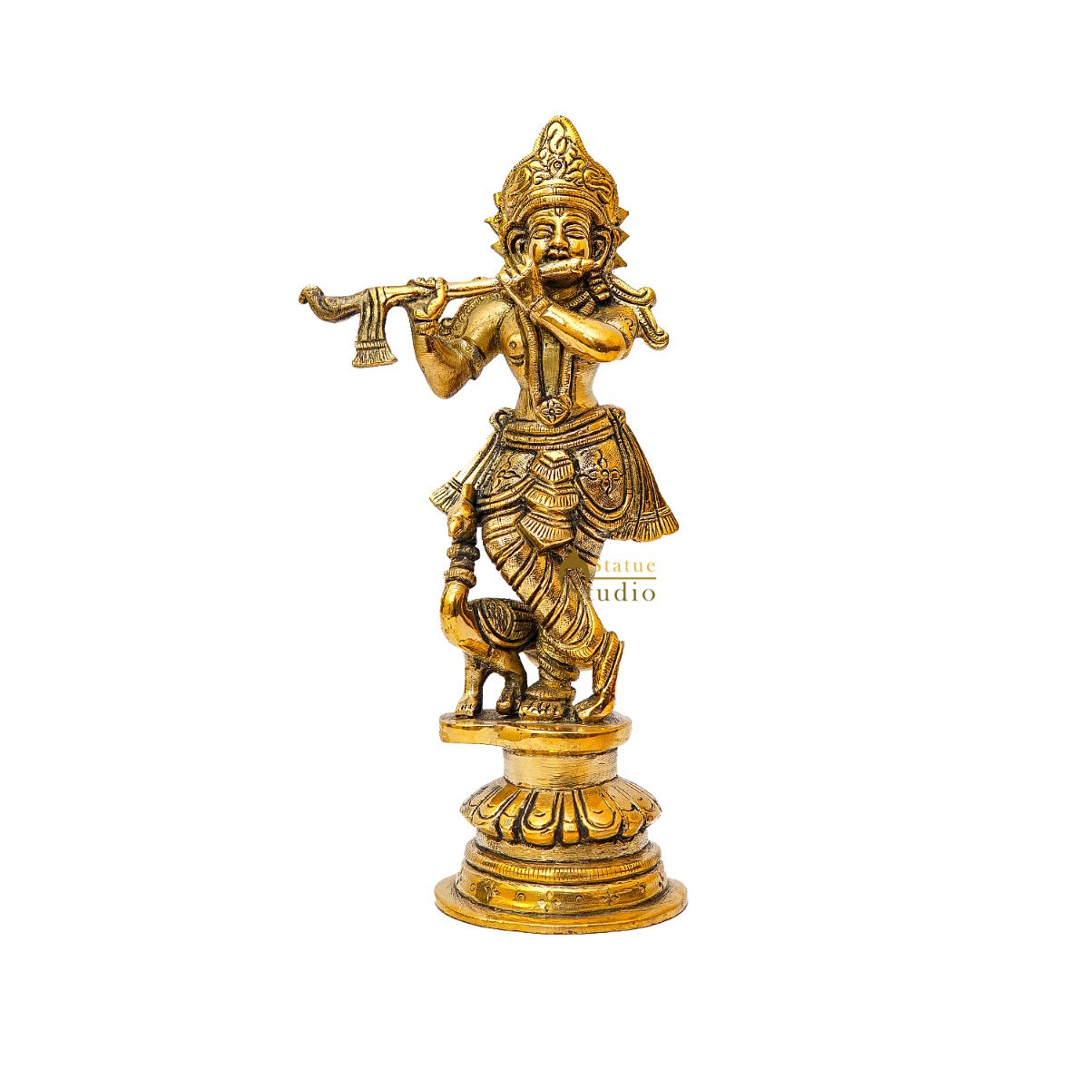 Brass Fine Krishna Idol With Peacock Standing Décor Statue Gift Showpiece 9"