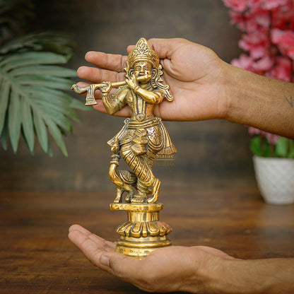 Brass Fine Krishna Idol With Peacock Standing Décor Statue Gift Showpiece 9" by vendor-unknown - Hindu Gods (View 2)