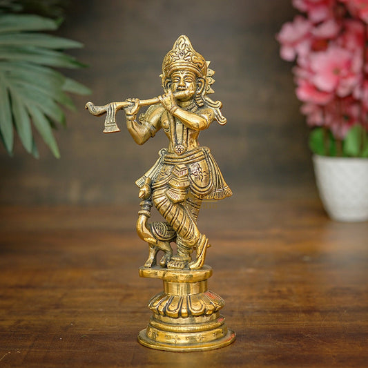 Brass Fine Krishna Idol With Peacock Standing Décor Statue Gift Showpiece 9"