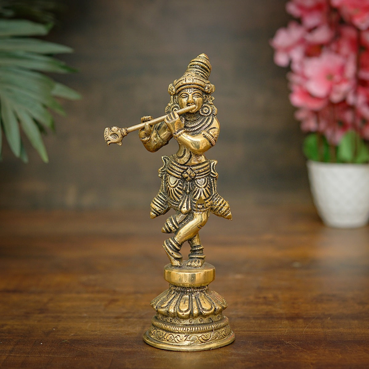 Brass Fine Krishna Idol Standing Home Office Décor Gift Statue 8" - Eco-friendly - Sama Homes