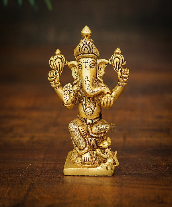 Brass Fine Mini Ganesha Idol For Home Temple Pooja Décor Statue 5" - Image 2