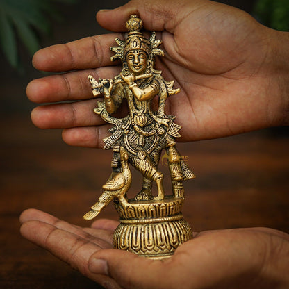 Brass Fine Krishna Idol For Home Temple Pooja Décor Gift Statue 6" by vendor-unknown - Hindu Gods (View 2)
