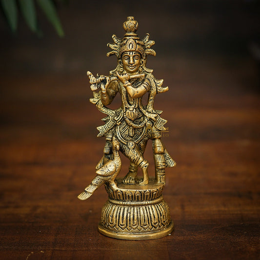 Brass Fine Krishna Idol For Home Temple Pooja Décor Gift Statue 6"