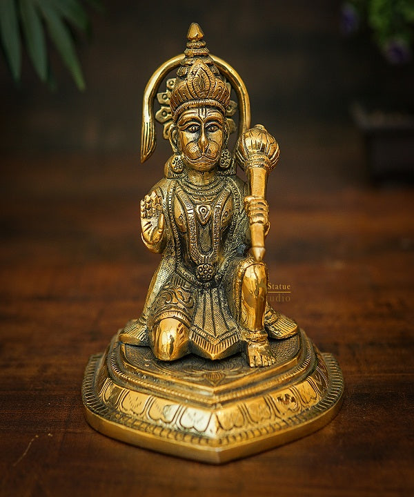 Brass Hanuman Sitting Idol For Home Temple Pooja Décor Gift Statue 6" - Image 2