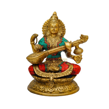 Brass Saraswati Idol For Home Temple Pooja Décor Lucky Gift Statue 9" by vendor-unknown - Hindu Gods (View 3)