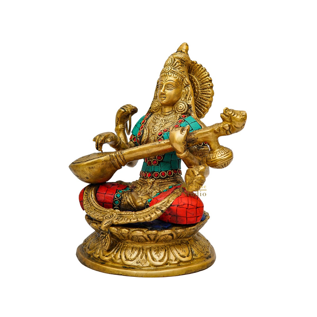 Brass Saraswati Idol For Home Temple Pooja Décor Lucky Gift Statue 9"