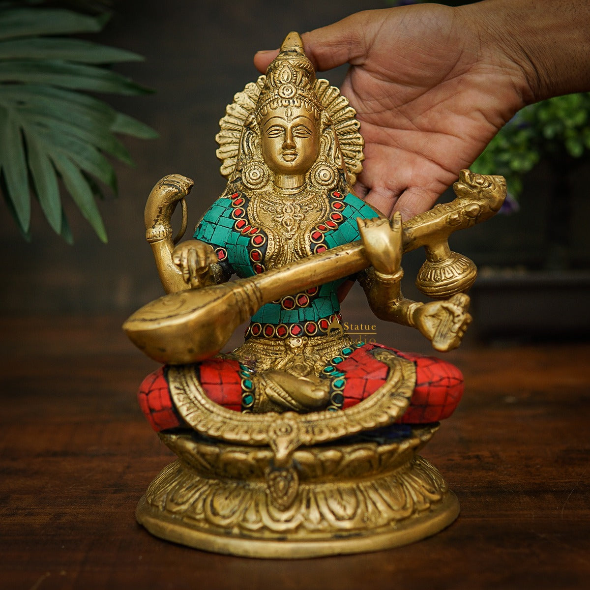 Brass Saraswati Idol For Home Temple Pooja Décor Lucky Gift Statue 9" - Image 2