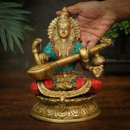 Brass Saraswati Idol For Home Temple Pooja Décor Lucky Gift Statue 9" by vendor-unknown - Hindu Gods (View 2)
