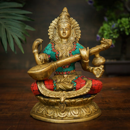Brass Saraswati Idol For Home Temple Pooja Décor Lucky Gift Statue 9" by vendor-unknown - Hindu Gods