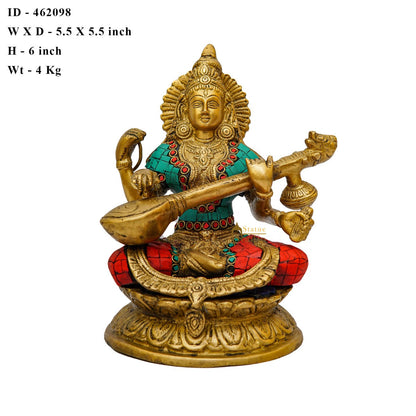 Brass Saraswati Idol For Home Temple Pooja Décor Lucky Gift Statue 9" by vendor-unknown - Hindu Gods (View 6)