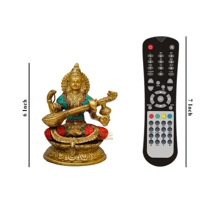 Brass Saraswati Idol For Home Temple Pooja Décor Lucky Gift Statue 9" by vendor-unknown - Hindu Gods (View 7)