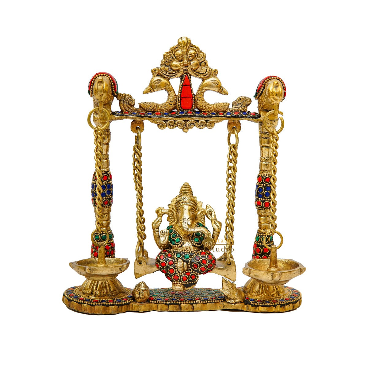 Brass Ganesha Idol On Jhula Swing Home Diwali Décor Statue 9"