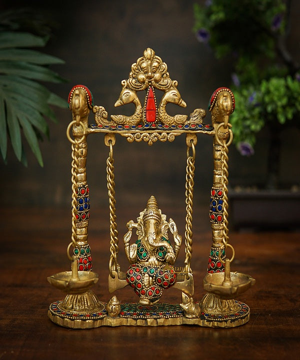 Brass Ganesha Idol On Jhula Swing Home Diwali Décor Statue 9" - Eco-friendly - Sama Homes