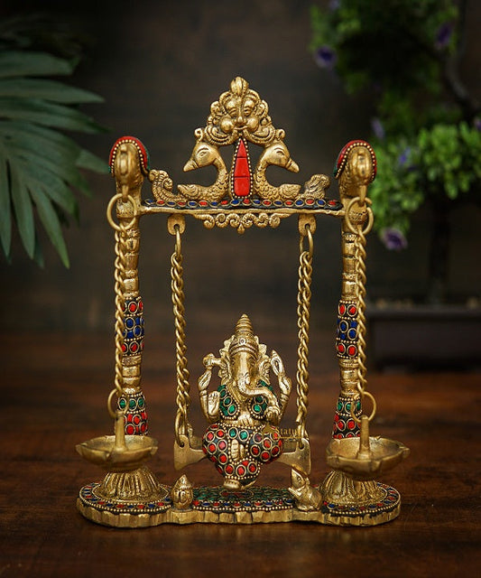 Brass Ganesha Idol On Jhula Swing Home Diwali Décor Statue 9"