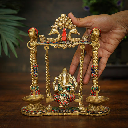 Brass Ganesha Idol On Jhula Swing Home Diwali Décor Statue 9" by vendor-unknown - New Arrivals (View 3)