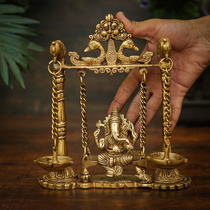 Brass Ganesha Idol On Jhula Swing Home Diwali Décor Statue 9" by vendor-unknown - New Arrivals (View 2)