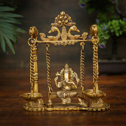 Brass Ganesha Idol On Jhula Swing Home Diwali Décor Statue 9" by vendor-unknown - New Arrivals