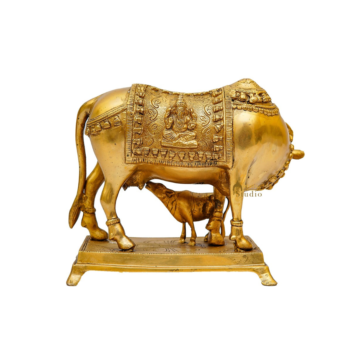 Brass Cow With Calf Statue Lucky Home Vastu Décor Gift Idol 8"