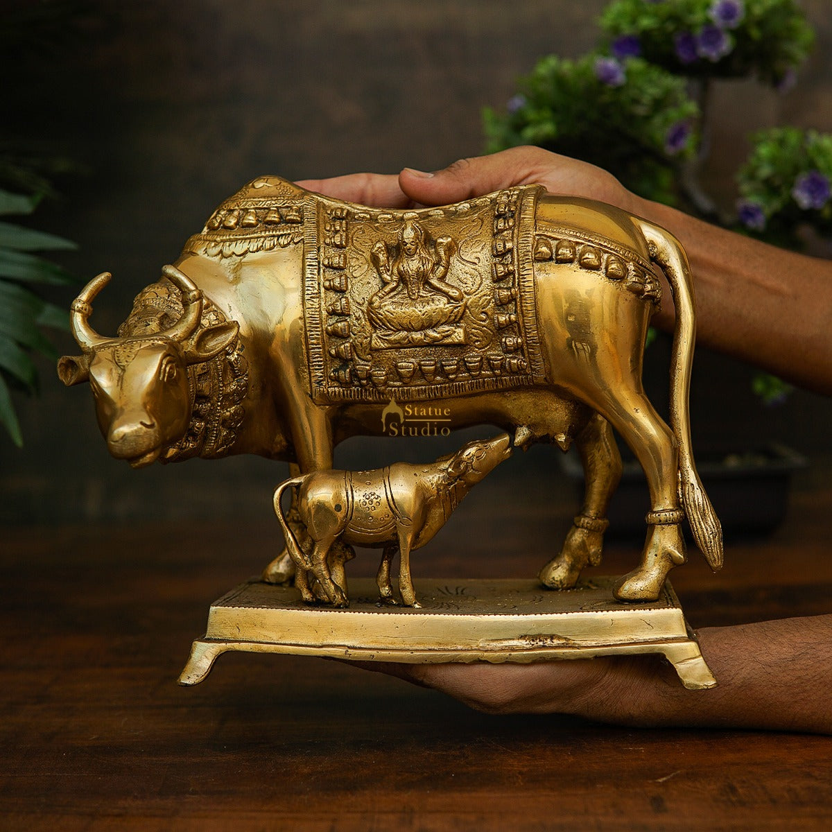 Brass Cow With Calf Statue Lucky Home Vastu Décor Gift Idol 8" - Image 3