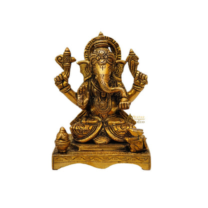 Brass Fine Ganesha Idol On Chowki Diwali Pooja Décor Gift Statue 5" by vendor-unknown - New Arrivals (View 3)