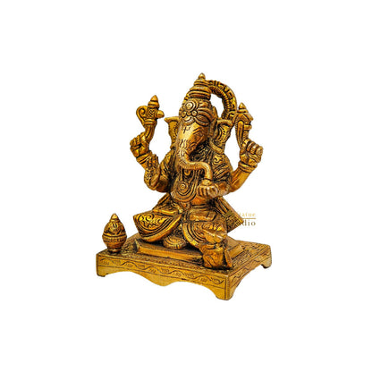Brass Fine Ganesha Idol On Chowki Diwali Pooja Décor Gift Statue 5" by vendor-unknown - New Arrivals (View 4)