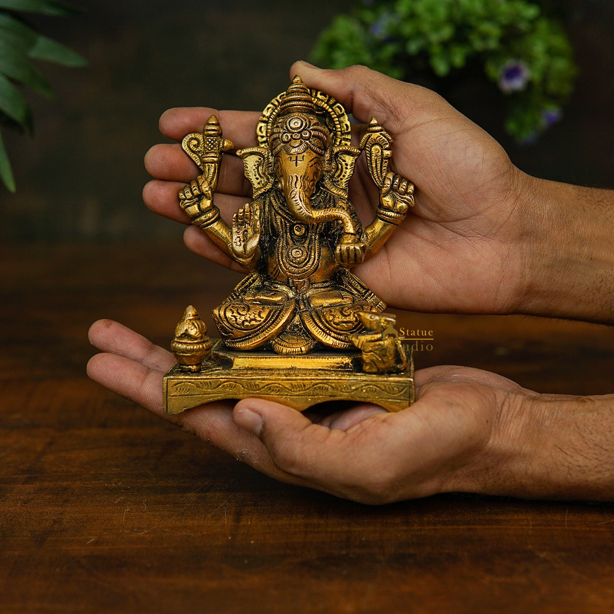 Brass Fine Ganesha Idol On Chowki Diwali Pooja Décor Gift Statue 5"