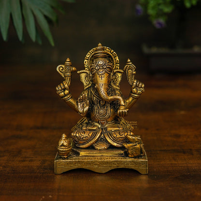 Brass Fine Ganesha Idol On Chowki Diwali Pooja Décor Gift Statue 5" by vendor-unknown - New Arrivals