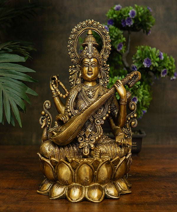 Brass Big Saraswati Idol For Pooja Room Décor Gift Statue 12" - Image 2