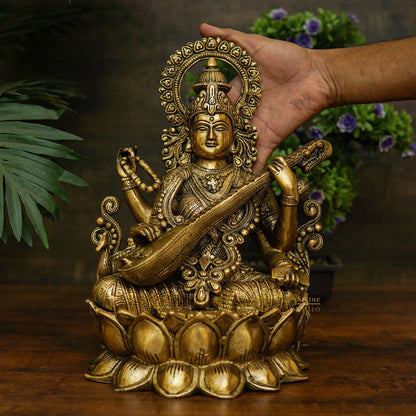 Brass Big Saraswati Idol For Pooja Room Décor Gift Statue 12" by vendor-unknown - Hindu Gods (View 3)