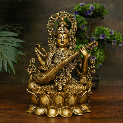 Brass Big Saraswati Idol For Pooja Room Décor Gift Statue 12" by vendor-unknown - Hindu Gods