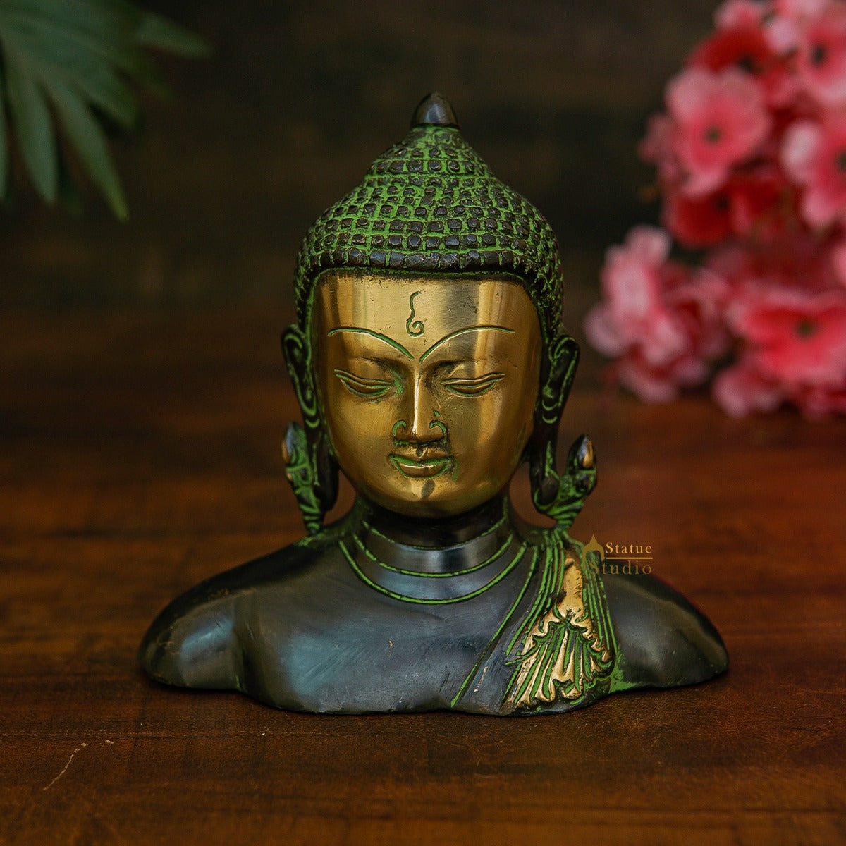 Brass Buddha Bust Idol Antique Finish Showpiece For Home Office Table Decor 6"