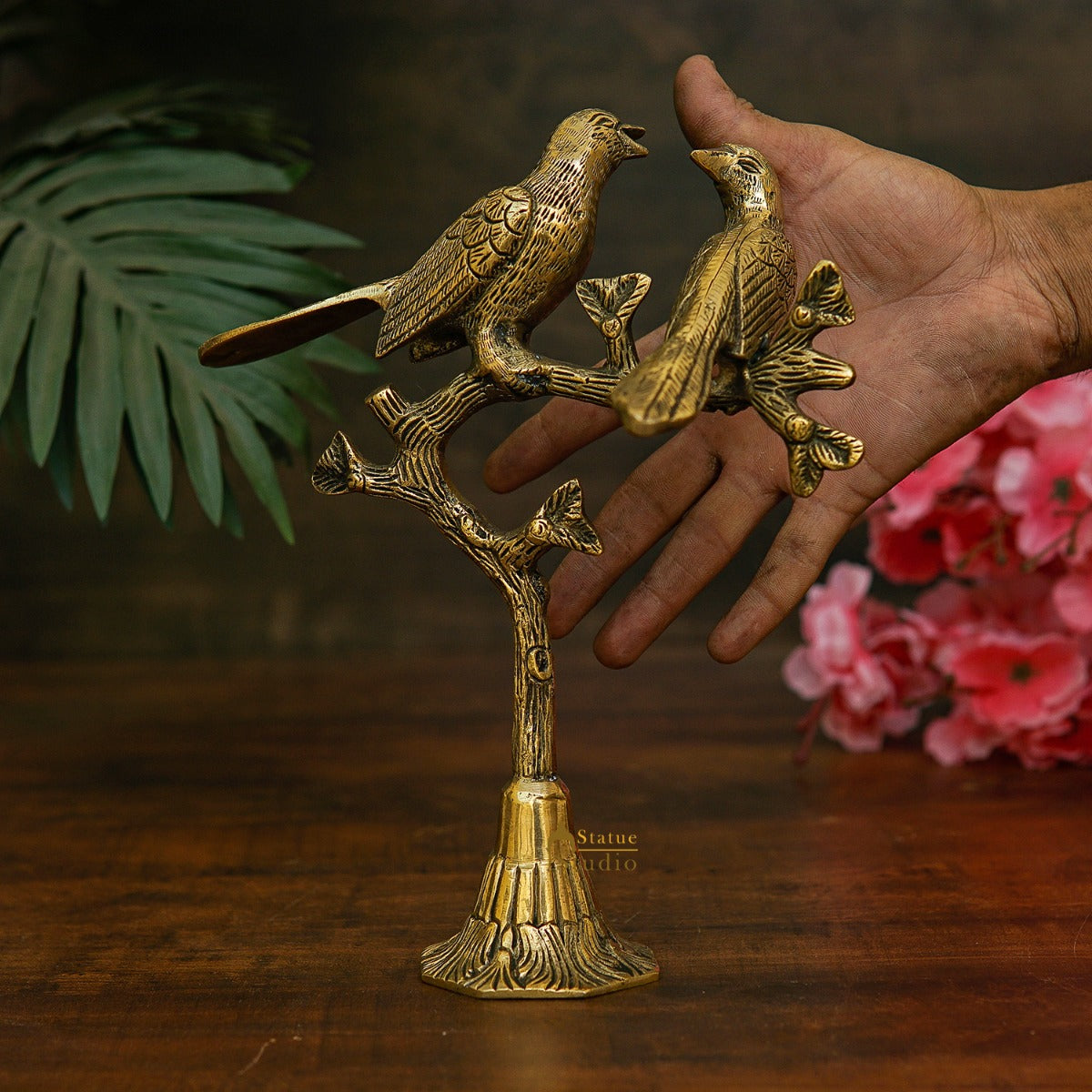 Brass Bird Pair Sitting On Tree For Home Office Table Decor Showpiece 10 Inch