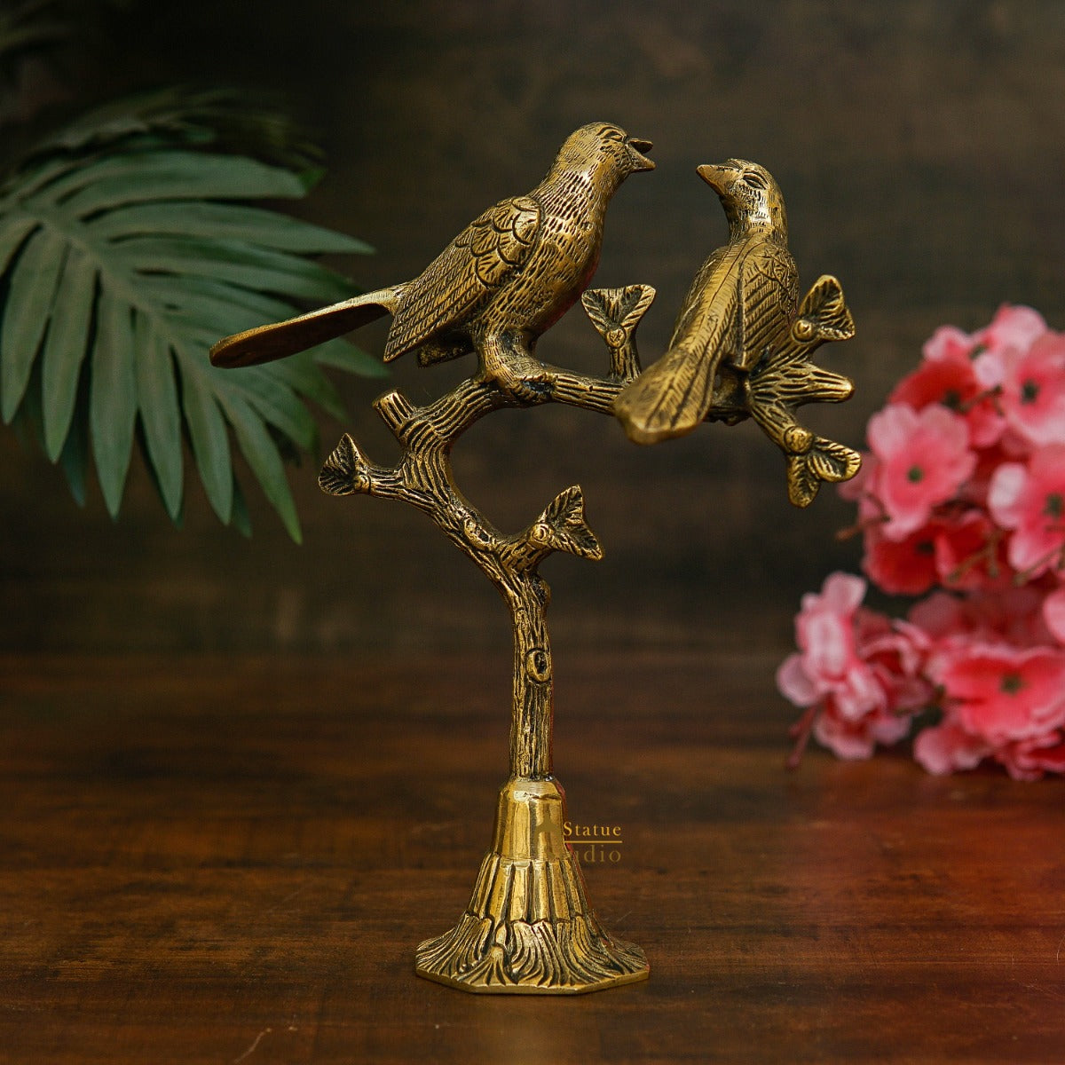 Brass Bird Pair Sitting On Tree For Home Office Table Decor Showpiece 10 Inch