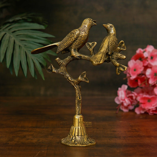Brass Bird Pair Sitting On Tree For Home Office Table Decor Showpiece 10 Inch