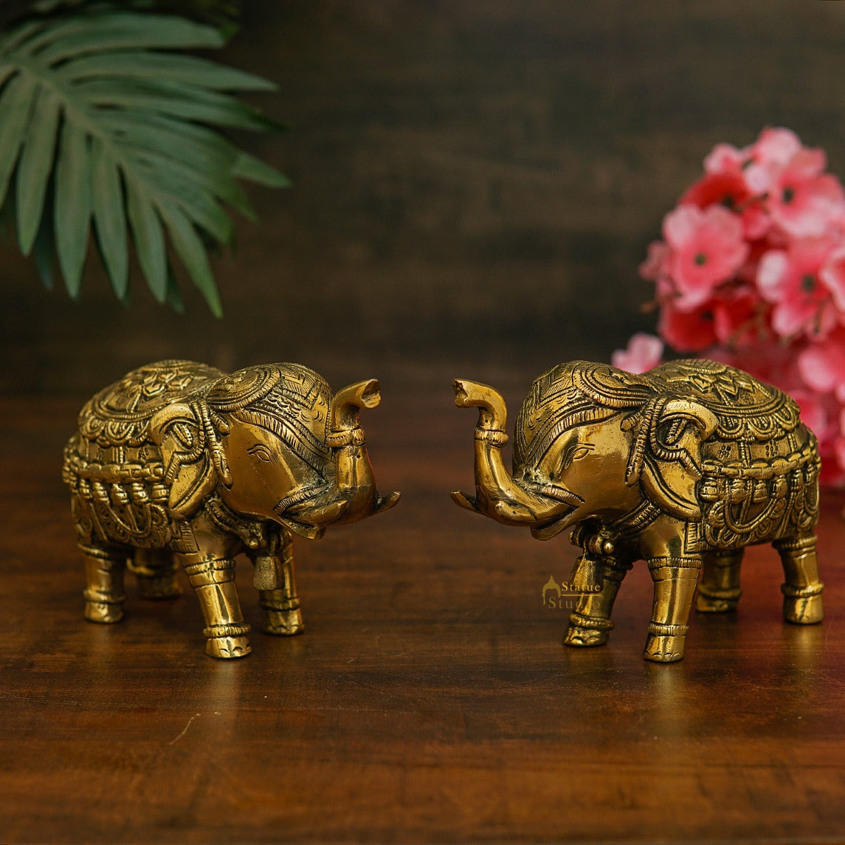 Brass Elephant Pair Showpiece Figurine Home Office Table Decorative Statue 4" - Eco-friendly - Sama Homes