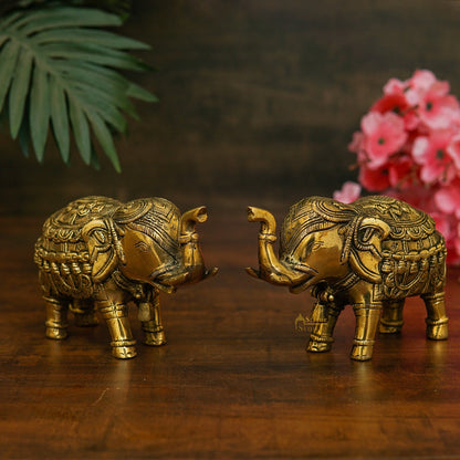 Brass Elephant Pair Showpiece Figurine Home Office Table Decorative Statue 4" by vendor-unknown - Decor