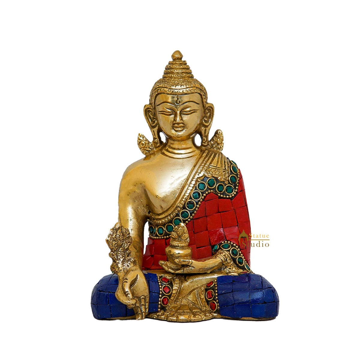 Brass Sitting Buddha Idol Stone Work For Home Decor Gift Showpiece 6"