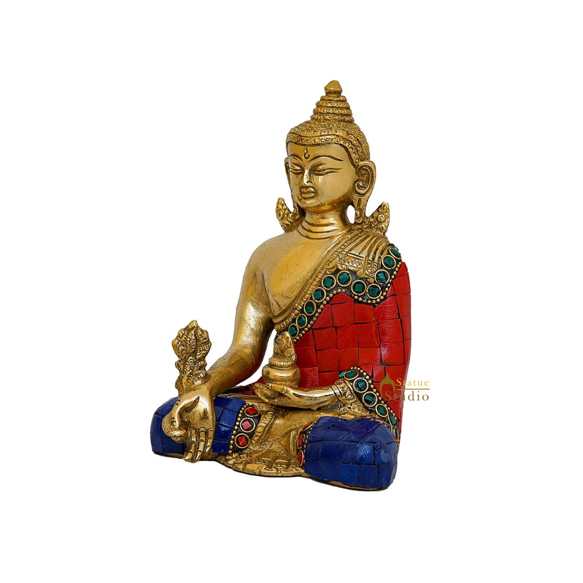 Brass Sitting Buddha Idol Stone Work For Home Decor Gift Showpiece 6"