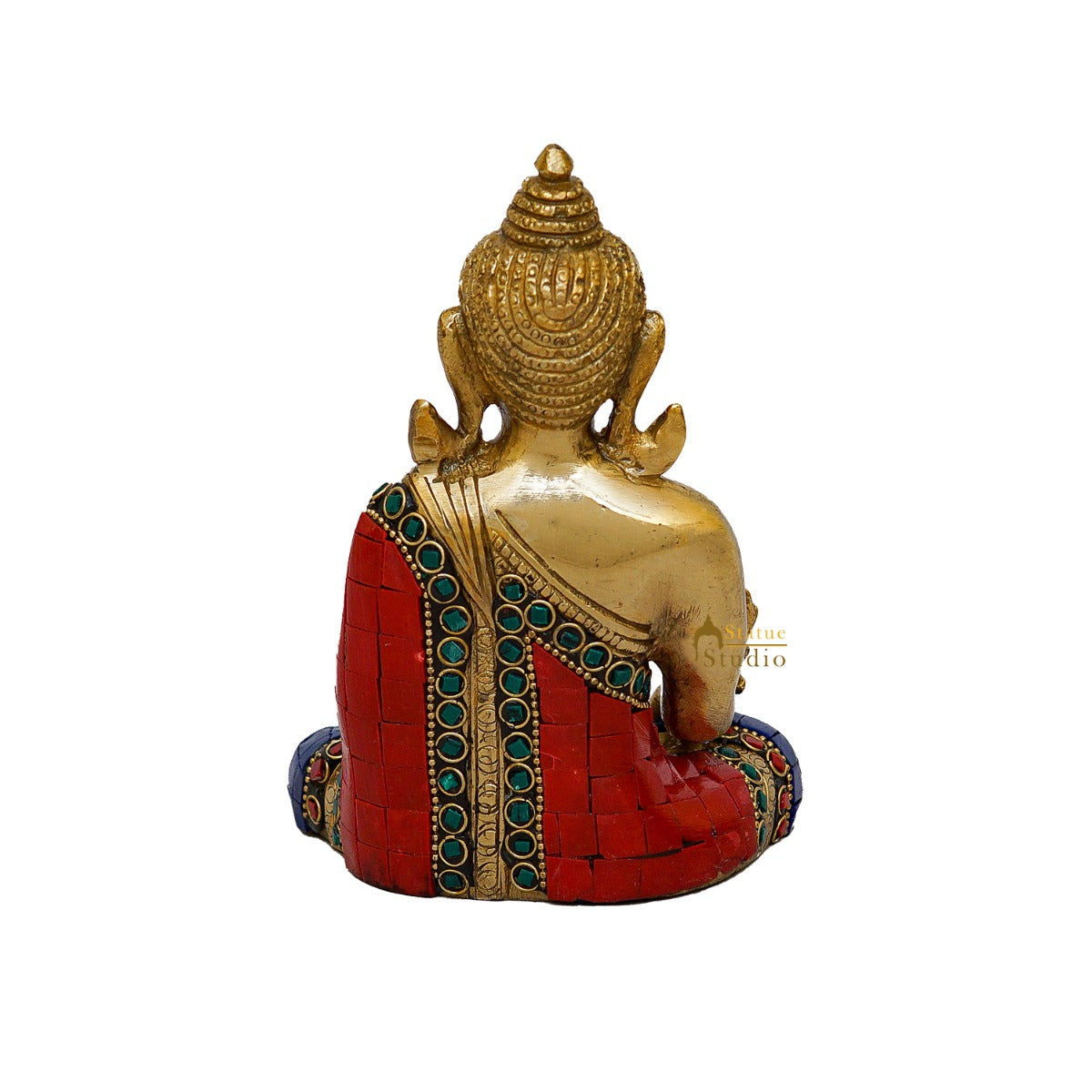 Brass Sitting Buddha Idol Stone Work For Home Decor Gift Showpiece 6" - Image 5