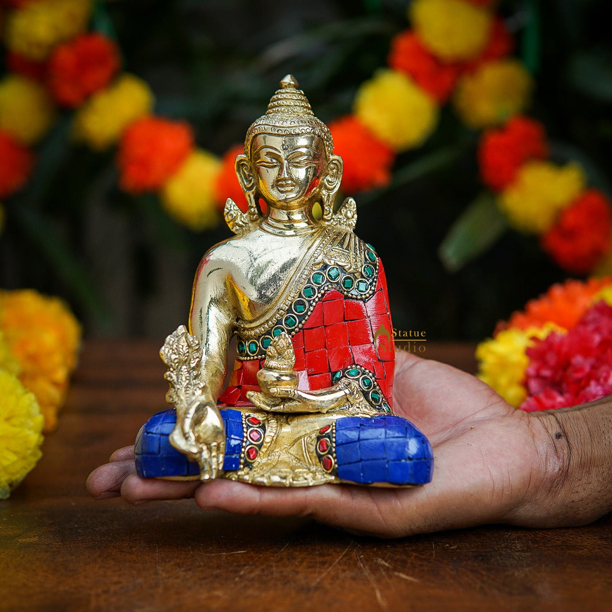 Brass Sitting Buddha Idol Stone Work For Home Decor Gift Showpiece 6"