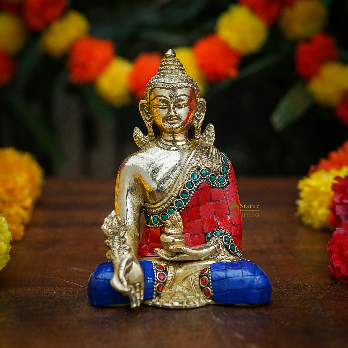 Brass Sitting Buddha Idol Stone Work For Home Decor Gift Showpiece 6" - Eco-friendly - Sama Homes