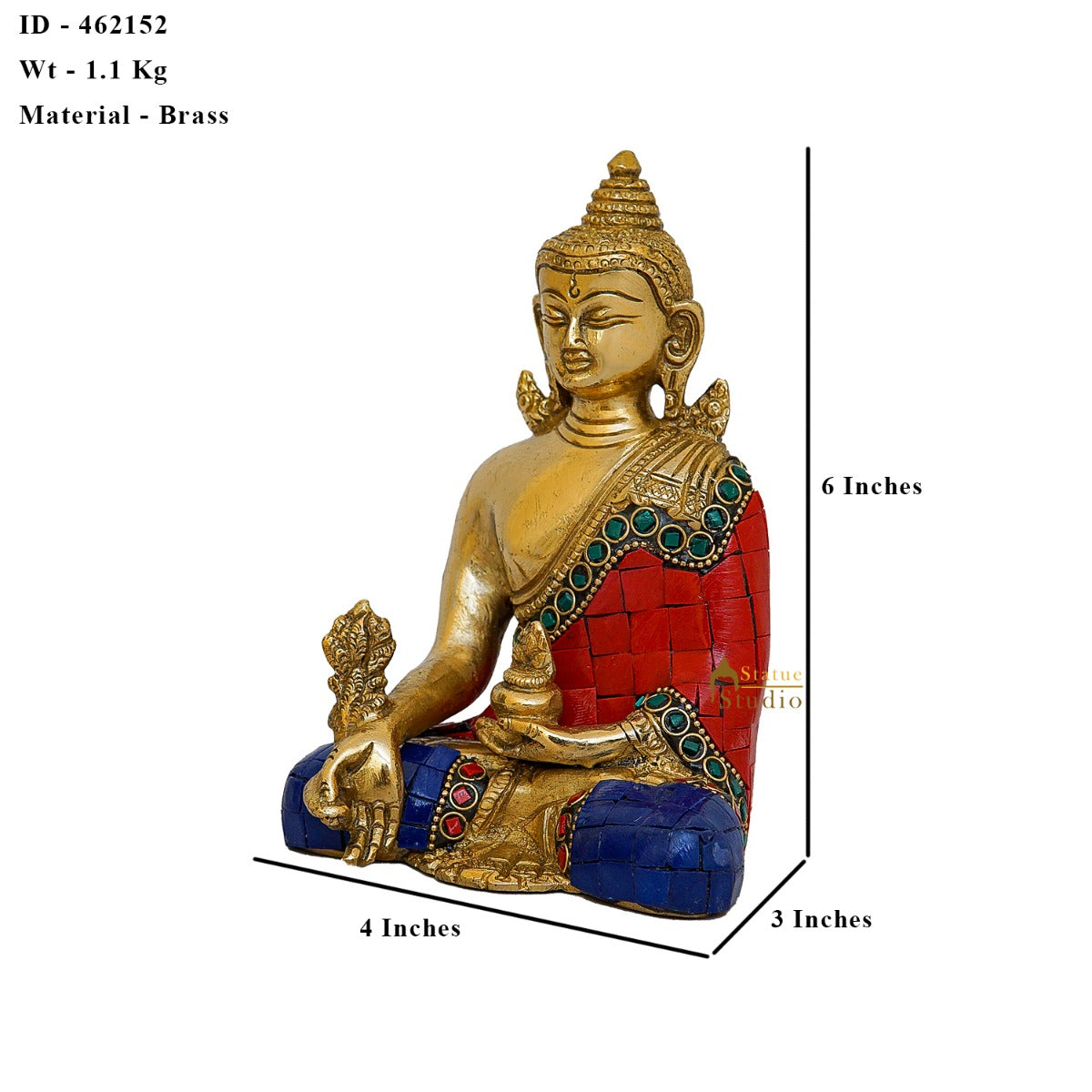 Brass Sitting Buddha Idol Stone Work For Home Decor Gift Showpiece 6"
