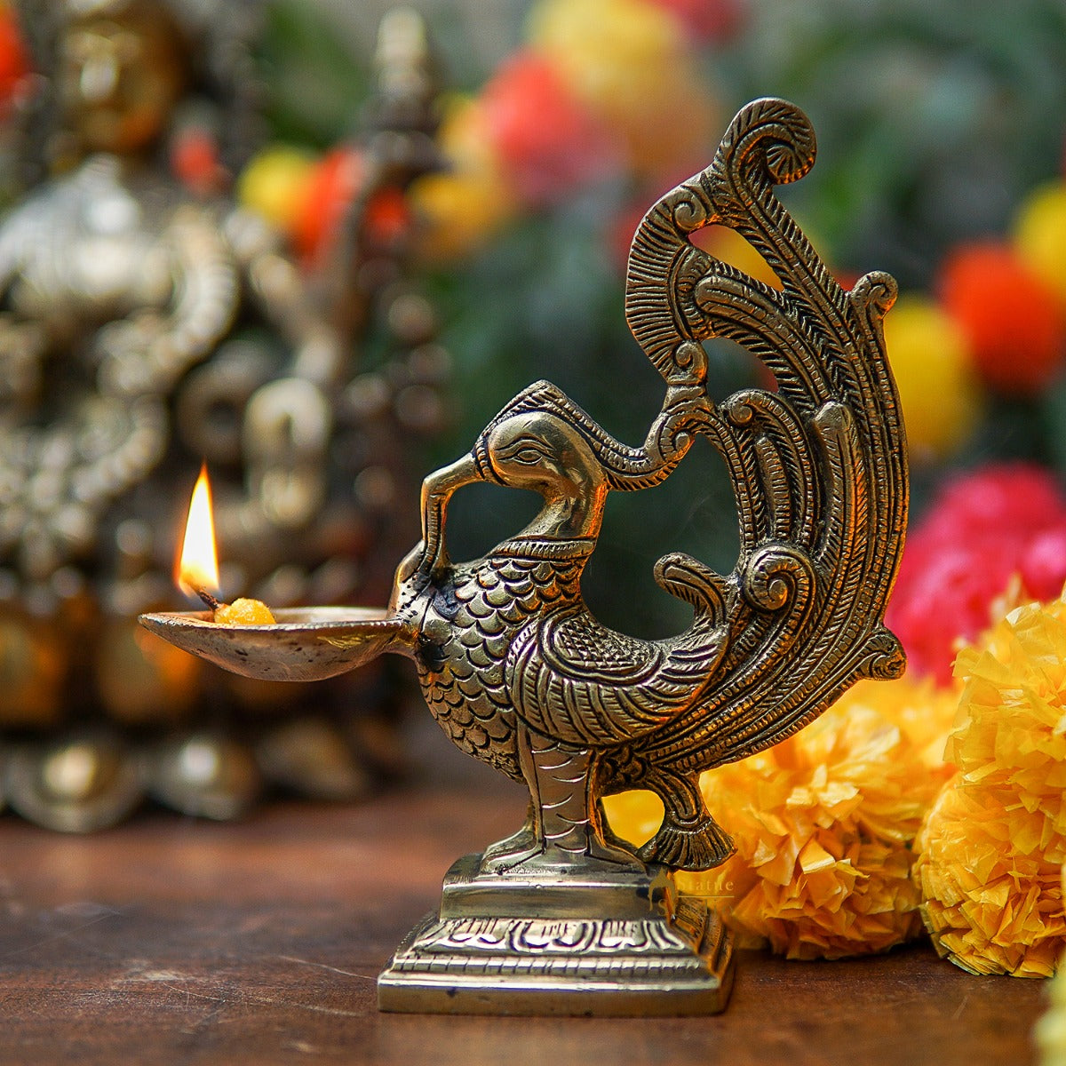 Brass Bird Diya For Home Diwali Pooja Decor Gift Showpiece 7" - Eco-friendly - Sama Homes