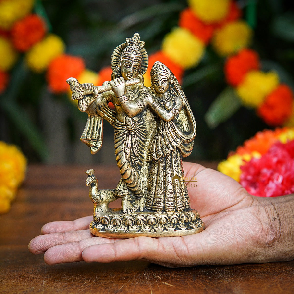 Brass Radha Krishna Idol Home Pooja Room Decor Gift Statue 5" - Image 2