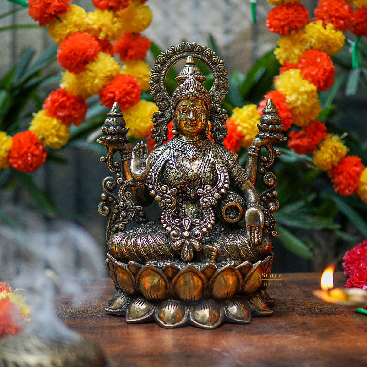 Brass Large Size Lakshmi Idol For Home Office Diwali Decor Statue 12" - Eco-friendly - Sama Homes