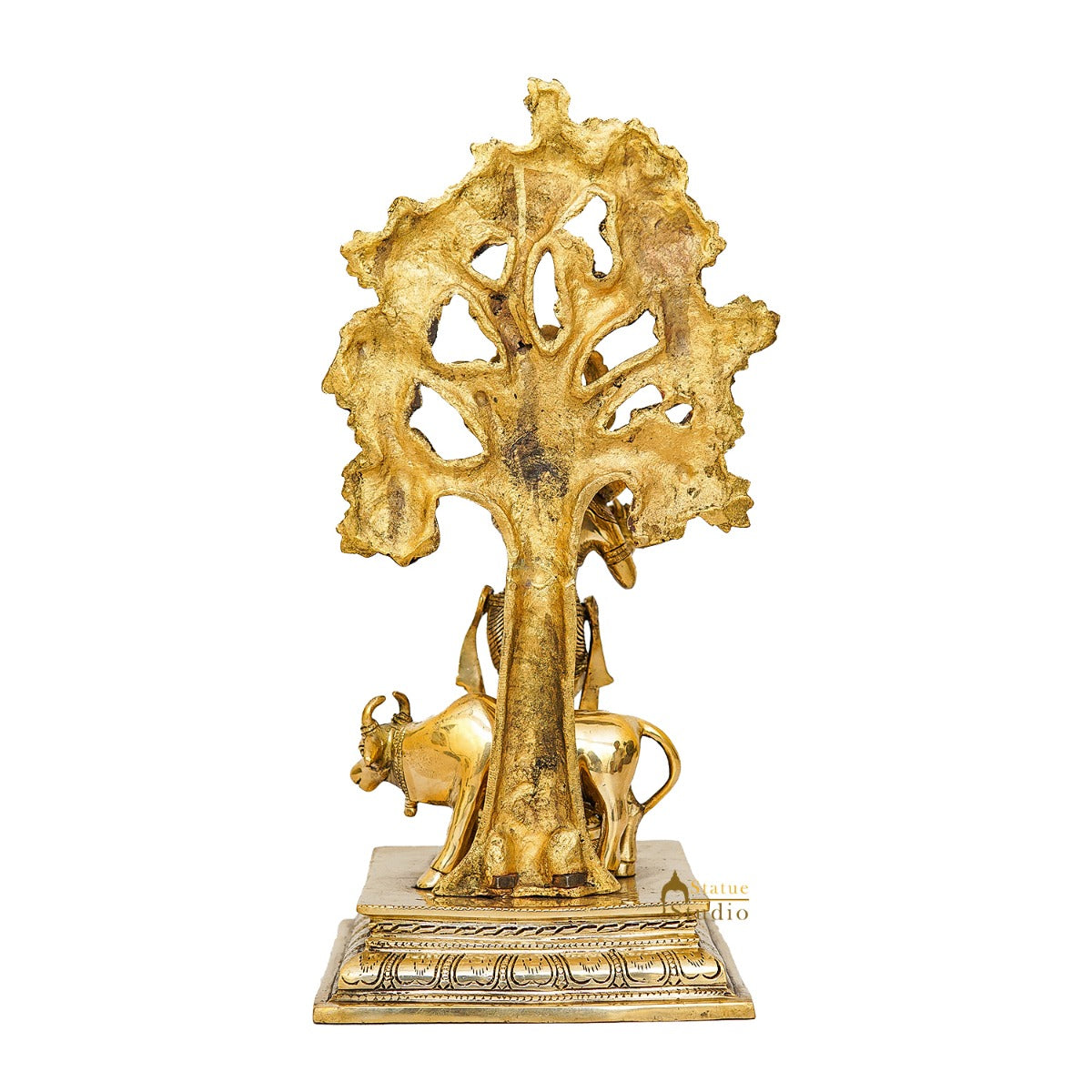 Brass Krishna Idol with Cow Under Tree 17" by StatueStudio