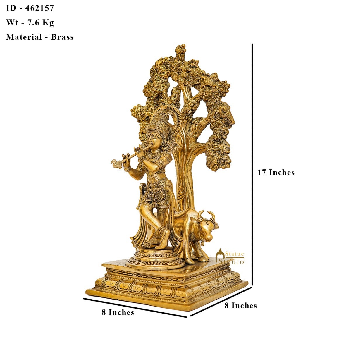 Brass Krishna Idol with Cow Under Tree 17" by StatueStudio